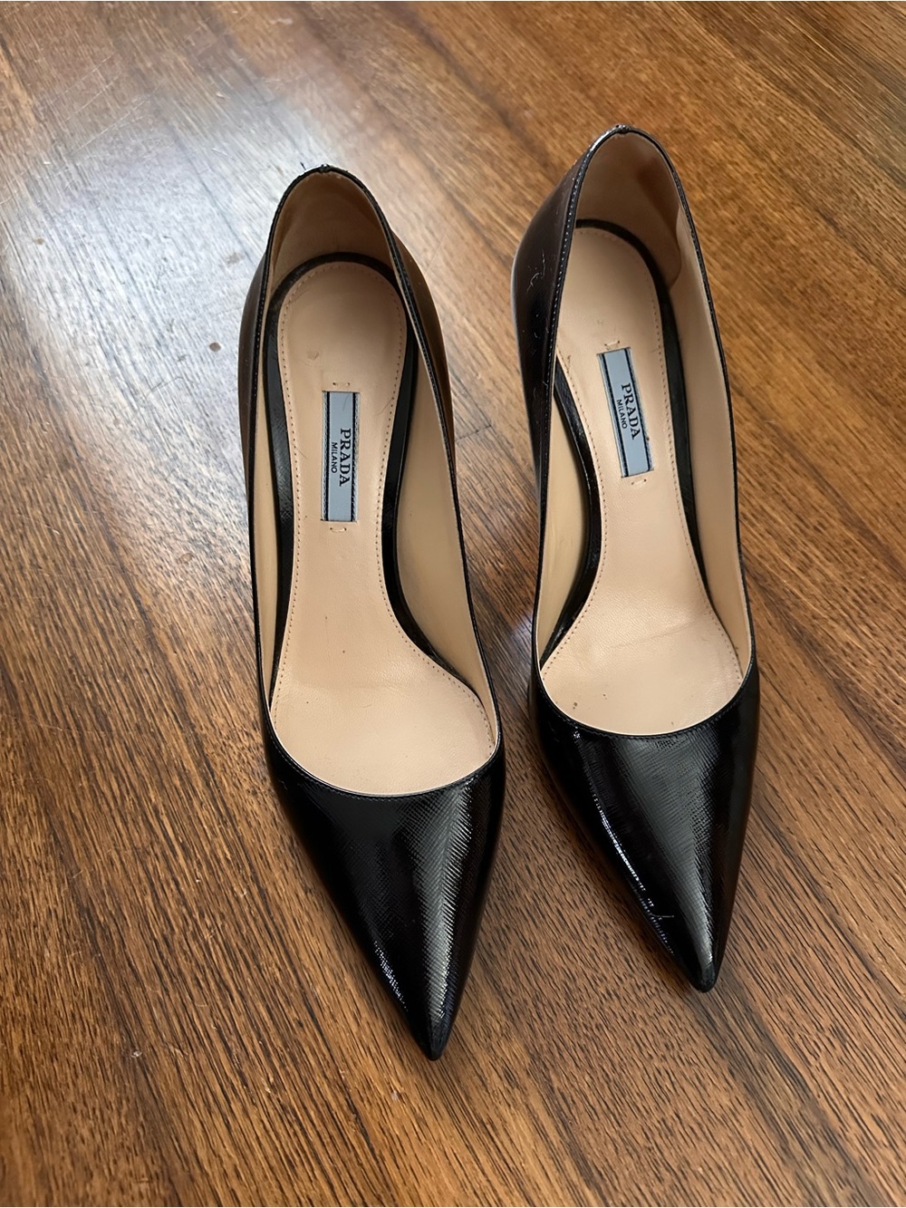 Prada Black Patent Leather Pointed-Toe Pumps with box